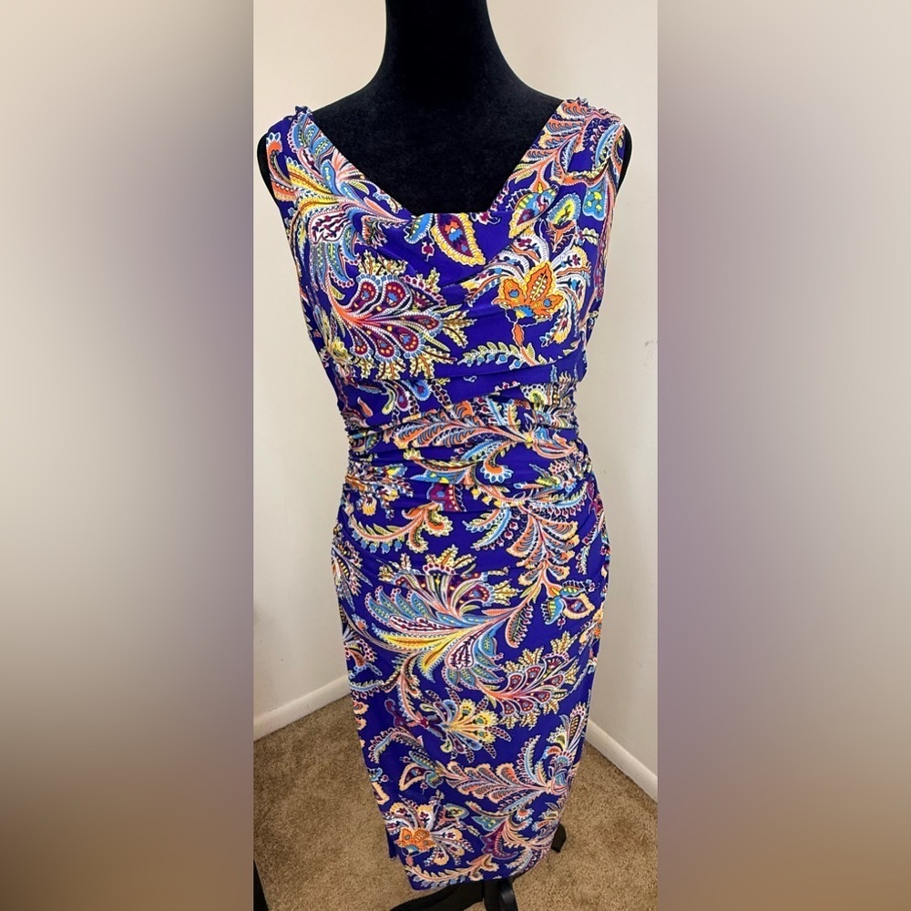 Ralph Lauren Royal Blue Paisley sleeveless midi dress preppy classic stretch 4
